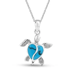 Love Life Sea Turtle Heart Blue Turquoise .925 Sterling Silver Necklace - Picture 1 of 8