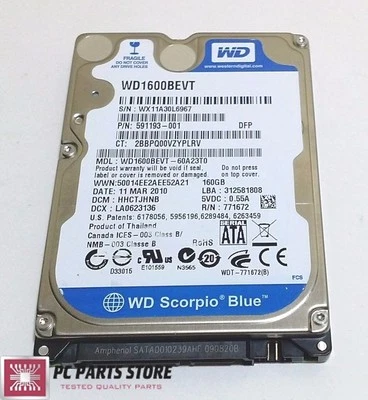 Western Digital 160GB 2.5 WD1600BEVT-60A23T0 2061-771672-004 03P PARTS/REPAIR - Image 1 of 4