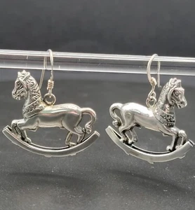 Vintage 925 Sterling Silver Rocking Horse Earrings Dangle Drop Equestrian saddle - Picture 1 of 23