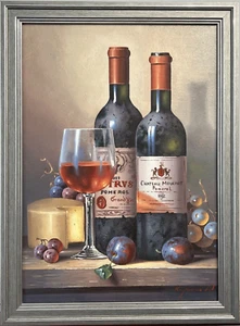 STILLLEBEN Petrus Wein Flasche Glas Käse Ölgemälde Handarbeit Bild Gemälde - Bild 1 von 9