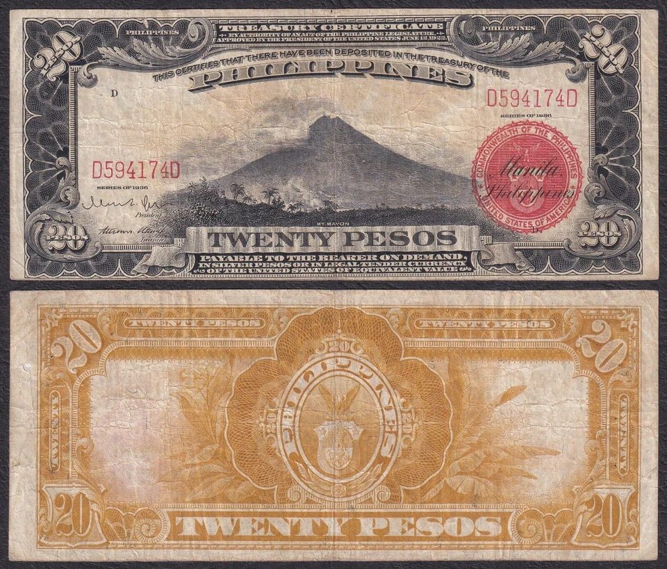 1936 US Philippines 20 Pesos Treasury Certificate Banknote Red Seal P85a - Image 1 of 4