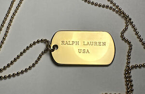 RALPH LAUREN USA Dog Tag Plate - Polished Brass- 32” Chain - Lobster Style Clasp