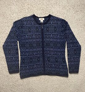 Talbots Vintage Medium Cardigan Sweater Zip Up Blue Pattern Cotton Grandma