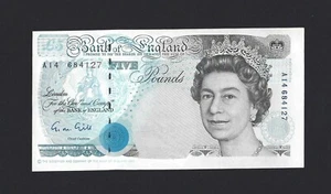 GREAT BRITAIN 5 Pounds ENGLAND 1990 Gill B357 Missing Pink Green Ink Error, UNC- - Picture 1 of 3
