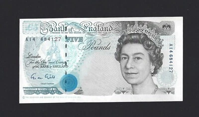 Gran Bretaña 5 libras INGLATERRA 1990 Gill B357 falta tinta rosa verde error, UNC- Foto 1 de 3