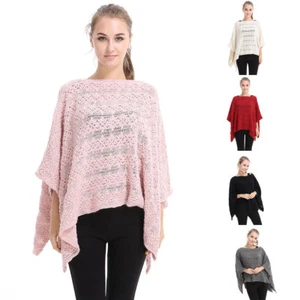 Women Poncho Stole Cape Shrug Wrap Shawl Jacket Jumper Sweater Knit Crochet 8-18 - Picture 1 of 23