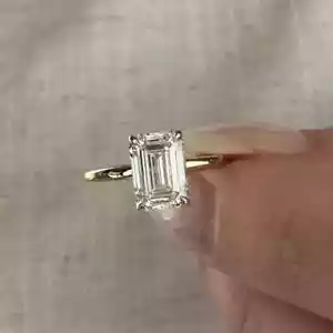 2.00Ct Emerald Cut lab Created Diamond Solitaire Engagement 14K Gold Finish Ring - Picture 1 of 8