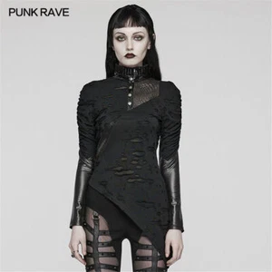 Camiseta ajustada manga larga punk rave negra gótica punk dobladillo irregular para mujer - Imagen 1 de 22