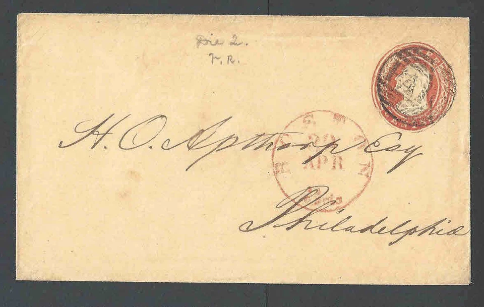 1853 U4 Used Entire 3c Red On Buff Size 7 Die 2 UPSS #6 Boston Red See Info - Image 1 of 1