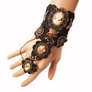 Steampunk Vintage Gothic Rose Gear Bracelet With Ring Victorian Lace Wrist Cuff