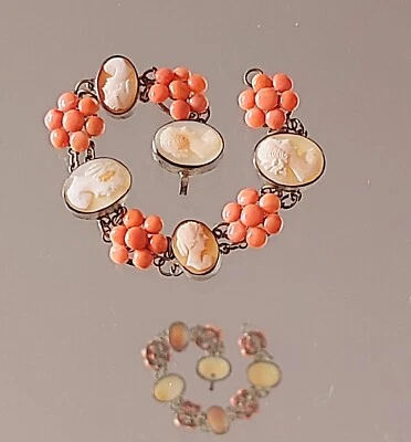 Antique Victorian Carved Shell Cameo and Mediterranean Coral  Flowers Bracelet - Image 1 of 4