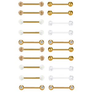 20PCS Barbell Ring 14G 316L Stainless Steel CZ Tongue Rings Body Piercing - Picture 1 of 16