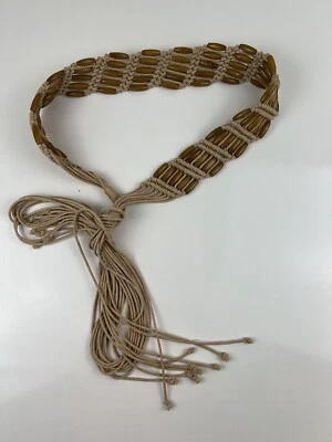 Vintage Jute Rope Belt Macrame & Beaded Wooden Bead Fringed Hippie Boho Festival - Image 1 of 4