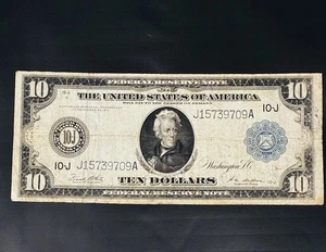 $10 1914 Large Size Blue Seal Federal Reserve Note Kansas City Jackson Series A - Picture 1 of 20