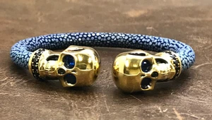 Blauer Stachelrochen 925 Sterlingsilber Gelbgold Totenkopf Armreif Armband $NR Auktion!!! - Bild 1 von 5