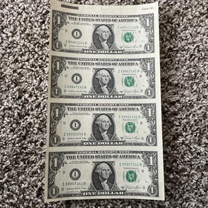 UNCUT SHEET OF 4 US $1 ONE DOLLAR BILLS GEM UNC WITH TOP BORDER ATTACHED NEW. - Picture 1 of 6