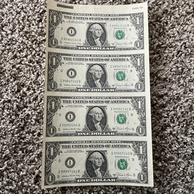 UNCUT SHEET OF 4 US $1 ONE DOLLAR BILLS GEM UNC WITH TOP BORDER ATTACHED NEW. - Image 1 of 4