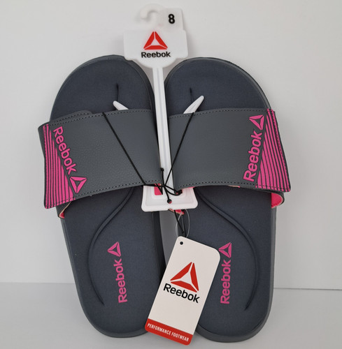 Reebok 8 sandali donna grigio scuro e rosa regolabili slide nuovi con etichette memory foam