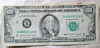 1988 $100 FRN SMALL PORTRAIT B BLOCK, NYNY, B98020124D, AU+++, CRISP, CIRCULATED - Image 1 of 4