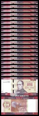Liberia 5 Dollars 2016, UNC, 20 Pcs LOT, Consecutive, P-31,New Design, Prefix AA - Image 1 of 4