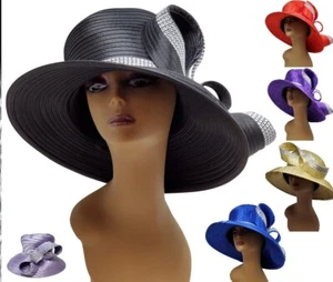 Bow Bucket Crystal Bow Ribbon Kentucky Derby Wedding Hat Church Wide Brim Dressy - Picture 1 of 23