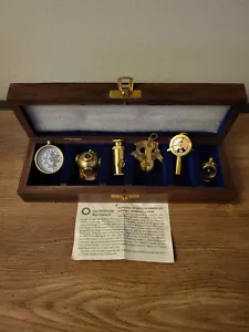 6er Set Miniatur Massiv Messing Marine Nautische Instrumente mit Holzkiste - Bild 1 von 13