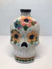 Hand Painted Ceramic Skull Bottle Decanter Multicolored Flowers Day Of The Dead