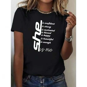 Women's Lettering T-shirt, Comfortable Fit, Breathable Round Neck Short Sleeves - Picture 1 of 12