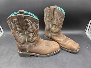 Botas de Trabajo Ariat Marrón Cuero con Costuras Turquesa y Puntera Cuadrada Talla 6.5B - Imagen 1 de 8
