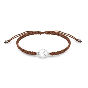 Bracciale Regolabile Corda Marrone Charm Argento Sterling Segno Pace Minimalista - Foto 1 di 6