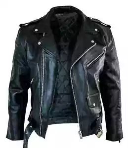 Herren Motorrad Lederjacke echtes Büffelfell Brando Style schwarz Biker - Bild 1 von 6