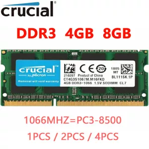 Crucial DDR3 4GB 8GB 1066MHZ PC3-8500 Laptop SODIMM Memory RAM 1.5V 204 Pins - Picture 1 of 19