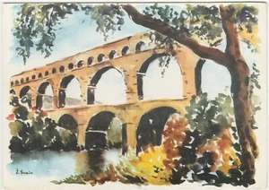 Postal foto Francia, Ca1984. Acuarela J Suain Le Pont du Gard acueducto romano - Imagen 1 de 2