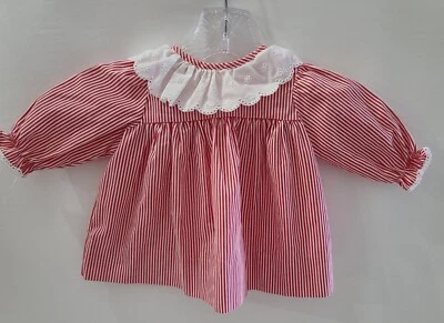 Vintage Baby Girl Red & White Stripes Long Sleeve Dress 3-6 Months Ruffle Read⬇ - Image 1 of 4