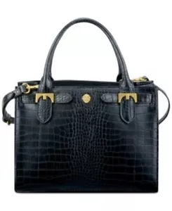 Anne Klein Black Jessica Croc Embossed Crossbody Satchel Black Gold - Picture 1 of 7