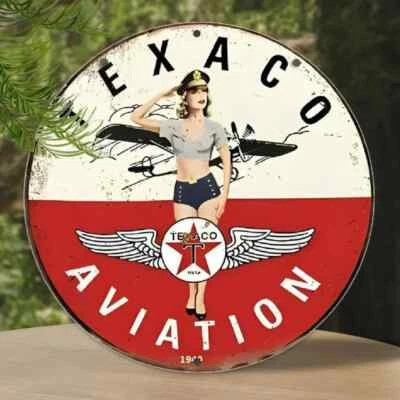 Letrero redondo resistente a la intemperie de aluminio TEXACO AVIATION ESTILO RETRO GARAJE HOMBRE CUEVA GAS Foto 1 de 3
