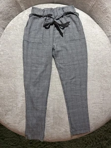 Shinestar Pants Womens Medium Gray Glen Plaid Paperbag Tie Belt Tapered Ankle - Picture 1 of 7