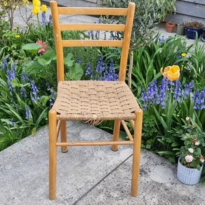 Vintage Brown Wooden Round Ladder Beech Woven Mid Century Dining - Picture 1 of 4