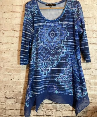 French Bazaar Tunic Top Womens XL  Blue Flowy Studded Beads Asymmetric Hem - Image 1 of 4