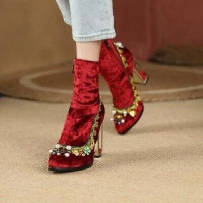 Women's Pearls Beaded Ankle Boots Zip Velvet High Heel Shoes Wedding Dress Party - Image 1 of 4