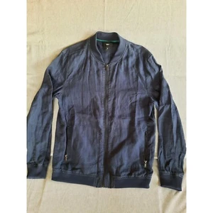 Mossimo Men Medium Lightweight Full Zip Collarless Jacket Navy Blue Pure Linen - Picture 1 of 7
