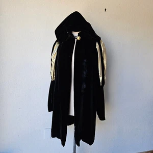 Vintage 30s Old Hollywood Black Silk Velvet Opera Coat Hood Golden Sleeves M/L - Picture 1 of 13