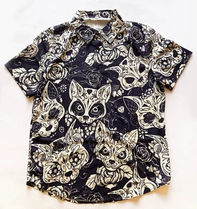 Men's Hawaiian Shirt -Navy & White Cat Day of the Dead Pattern - UK Size XL - Picture 1 of 3