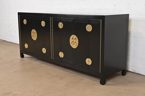 Henredon Hollywood Regency Chinoiserie Black Lacquer and Brass Sideboard Cover