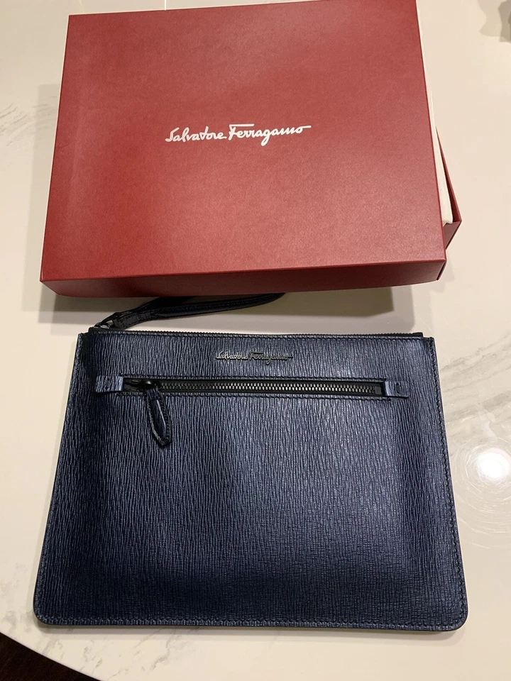New Auth Salvatore Ferragamo Unisex Zip Blue Leather Document Holder Clutch $850 - Image 1 of 4