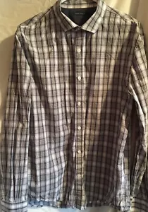 Mens Perry Ellis Button Front Shirt Long Sleeve Blue Plaid Checker Sz Large - Picture 1 of 6