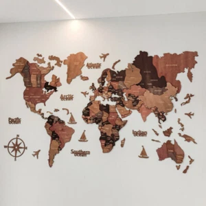 60*35in Wooden World Map Multilayered Travel Map Wall Map Office Home Decor - Picture 1 of 12