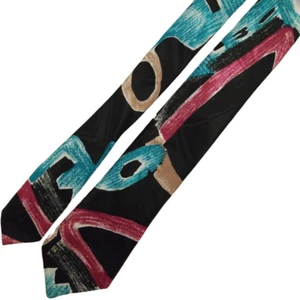 1990s Abstract Freeform Pattern Tie Teal Magenta Black Retro Futurism Menswear - Picture 1 of 3