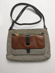 FOSSIL - Kinley - Crossbody - Black White Striped - Tan Leather - Picture 1 of 3