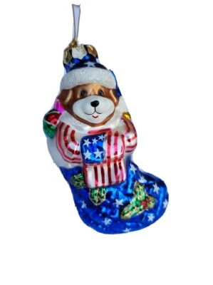 Bandera Americana EE. UU. Patriótico Cachorro Perro Vidrio Pintado a Mano Árbol de Navidad Adorno Foto 1 de 4